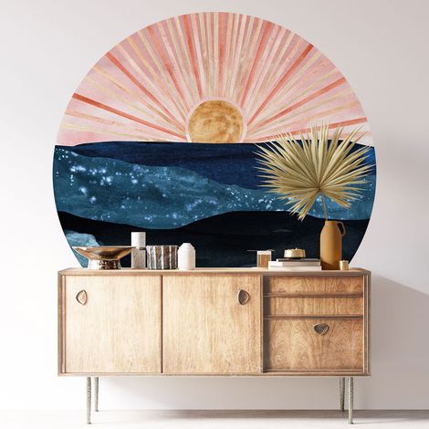 Sticker mural rond / cercle - Paysage Boho - Diamètre 30 cm - Adhésif MAT (1/3)