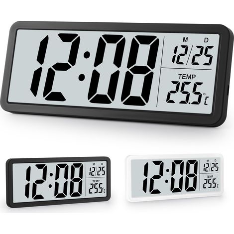 Horloge murale numérique à piles, horloge murale numérique avec grands chiffres, température, 12/24 heures, horloge de bureau pour salon, chambre à coucher, bureau, école, garage, entrepôt