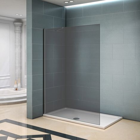 Aica Sanitaire – Paroi de douche 140x200cm – Verre fumé 8mm anticalcaire – Barre de fixation extensible 70-120cm – Profilé aluminium chromé