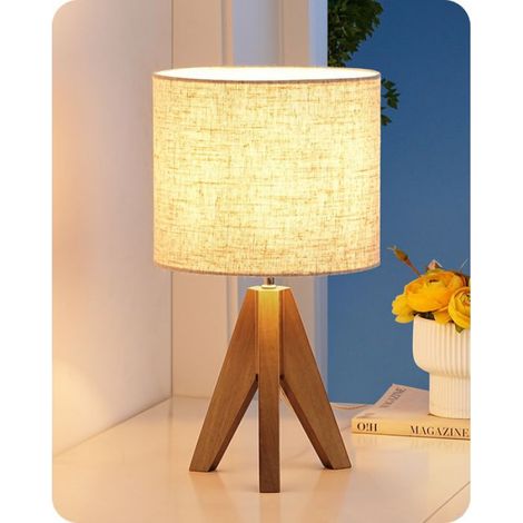 Lampe à Poser Bois et Lin Beige, Ampoule LED E27 Incluse, noyer clair, Trépied Vintage (1/5)