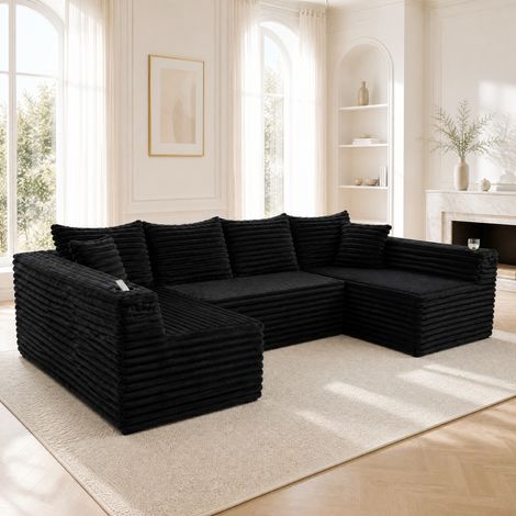 Canapé modulable 320x155x88 cm en tissu cord noir, gain de place pour salon FloraGrace (1/5)