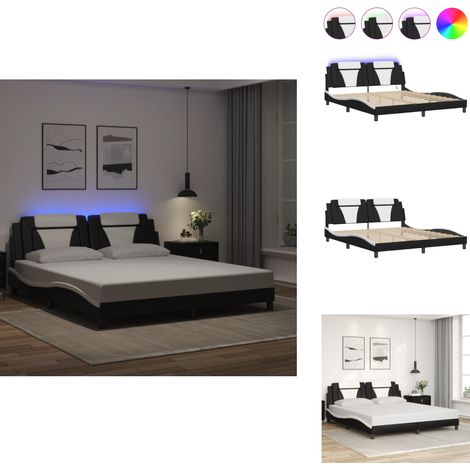 Cadre de lit avec LED sans matelas noir et blanc 180x200 cm - Lit Plateforme - Lit Design - Cadre Lit Moderne - Lit Avec Rangement - Tête De Lit Capitonnée (1/5)