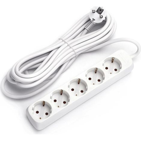 Multiprise 5 Voies sans Interrupteur, 5 m, 3G, 1,5 mm², Blanche, idéale pour connecter Plusieurs appareils électriques.