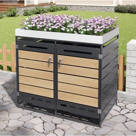 Armario para cubos de basura con jardinera superior, metal negro, 2 compartimentos (1/5)