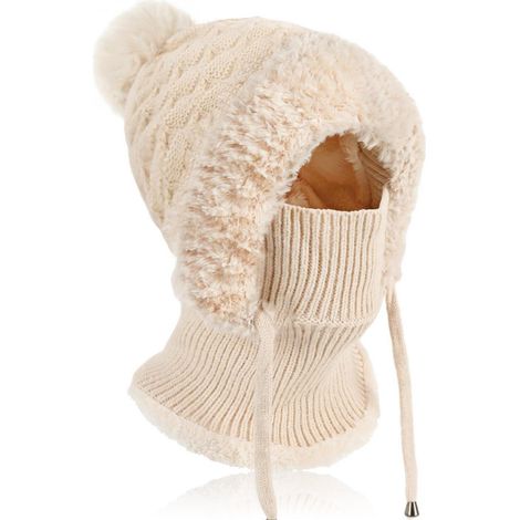 Damen Wintermütze mit Schal und Gesichtsmaske, Thermo Strickmütze mit Fleece, Beige (1/5)