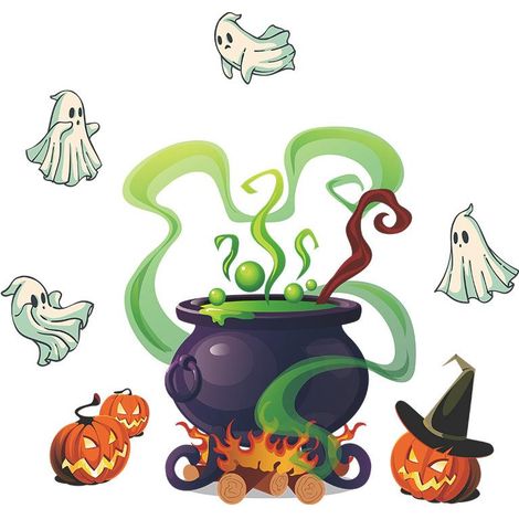 Lot décoratif salle de bain autocollant murale Halloween citrouille sorcière soupe dessin animé enfants WC adhésif maison stickers muraux (1/5)