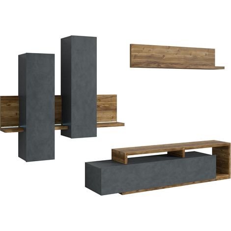 Ensemble meubles de salon avec LED collection BERGAME. Coloris gris et chêne foncé.