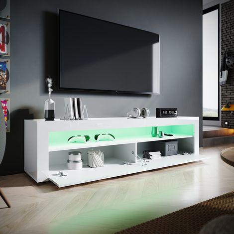 SIRHONA Meuble tv Blanc avec lumières LED Meuble tv suspendu Espace de rangement multicouche 180x40x45cm Porte battante design sans poignée (1/5)