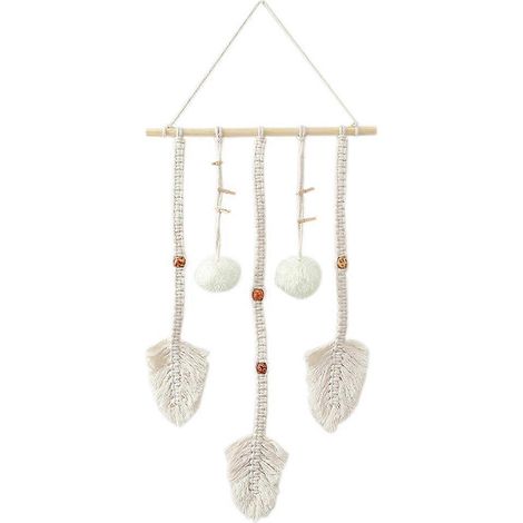 Böhmischer Wandbehang aus gewebtem Makramee mit Blättern, Quasten, Holzperlen und Baumwollteppich