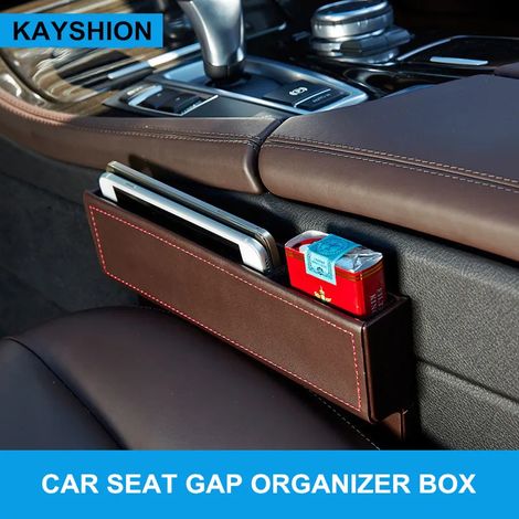 Boîte de rangement en cuir marron pour siège auto, compartiment multifonctionnel, poche de transport et support pour téléphone. (1/4)