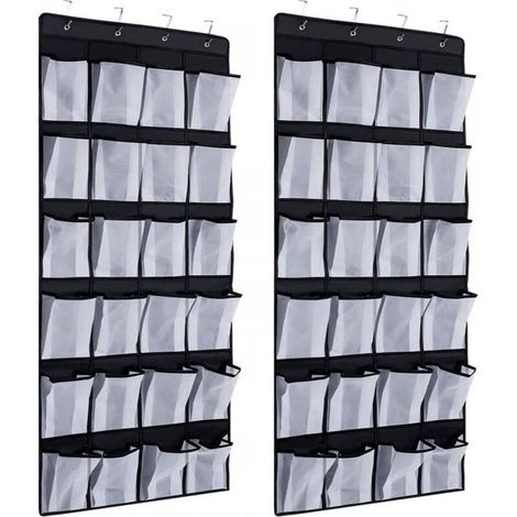 2 Pcs 24 Poches Range-Chaussures à Suspendre sur La Porte, Rangement de Chaussures avec 8 Crochets (Noir) (1/3)