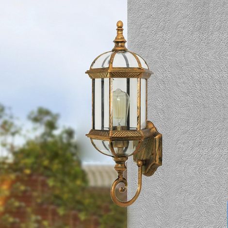 Antik Retro Wandleuchte Vintage Garten Glas Außen Wandlampe Wasserdicht Metall Lampe, E27 Birne (nicht enthalten) (Gold) (1/5)