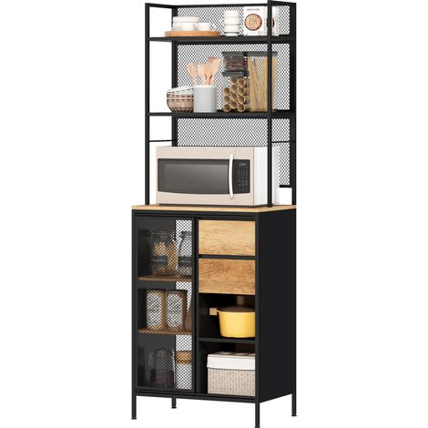 Küchen-Sideboard 60x40x180cm Naturholz, Arbeitsplatte mit Schiebetür, Schubladen und offenen Regalen (1/5)