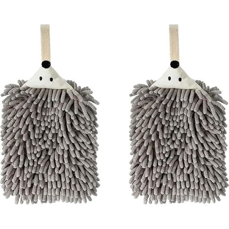 Serviettes en chenille pour salle de bain, cuisine et chambre, serviettes à main avec poignée et bouton, motif hérisson amusant. (1/5)