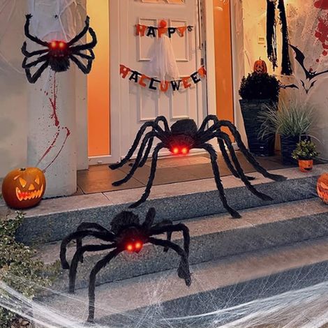 Halloween Decoration Giant Spider 3 Pieces, Scary Halloween Decoration for Garden, Haunted House, Black Hairy Spiders with Luminous Red Eyes, Halloween Party Accessory (1/5)