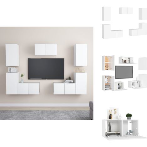 7-tlg. TV-Schrank-Set Weiß Holzwerkstoff - TV Schrank Set - Wandmontage - Wohnzimmerschrank - Regal - Weißes Möbelstück (1/5)
