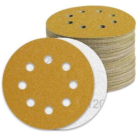 Disque abrasif 125mm P120 – Lot de 100 disques pour ponceuse orbitale – Oxyde d\'aluminium doré – Préperforés pour aspiration poussière - 100pcs (1/5)