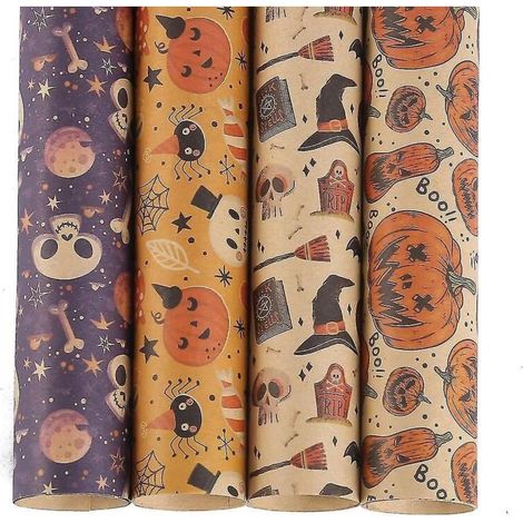 4 feuilles de papier cadeau Halloween, papier kraft brun Halloween pour emballage cadeau vintage, parfait pour Halloween et le Jour des Morts (4 (1/5)