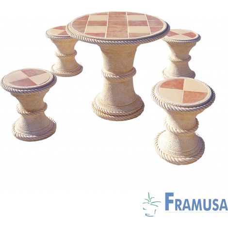 CONJUNTO COMEDOR PIEDRA CIRCULAR JARDIN MANGO GRES CON AZULEJOS OCRE