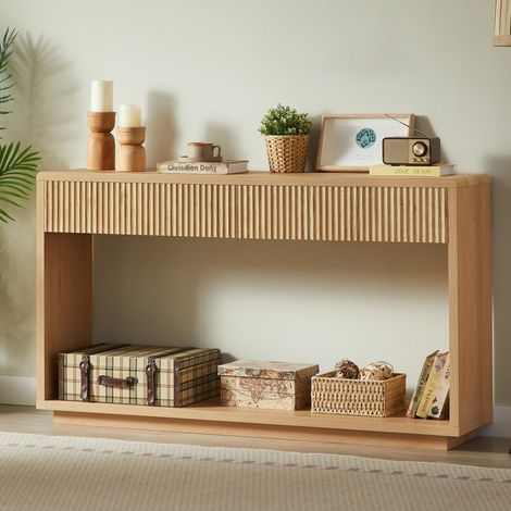 Moderne Konsolentisch für den Flur 150 cm Eiche hell mit 2 Schubladen und offenem Fach OKWISH (1/5)