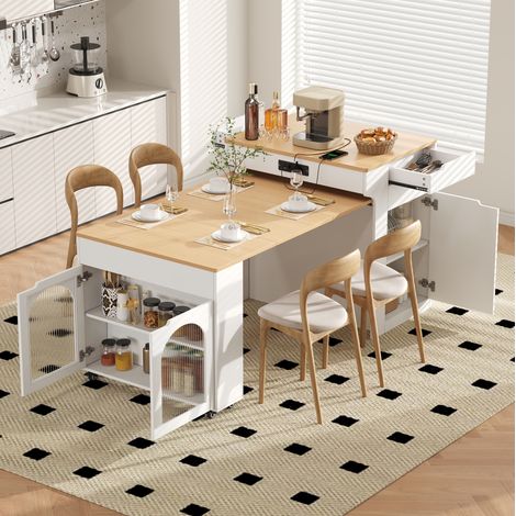 Tavolo da cucina allungabile con ruote, 2 cassetti, bianco HAVRYA (1/5)