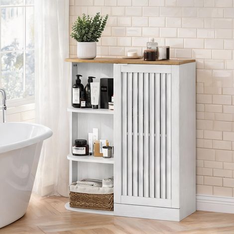 Meuble d'angle en MDF blanc et chêne avec étagères et portes (1/5)