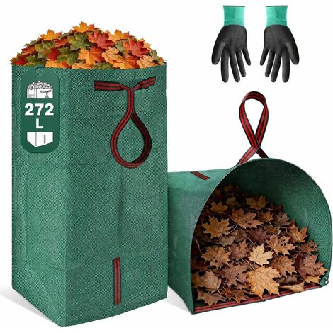 Sac à déchets de jardin 2X272L avec ouverture pelle Sac feuilles et sac jardin, autoportant, pliable, étanche, indéchirable, textile PP, lot de 2, +gants jardin (1/5)