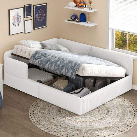 140x200 cm Lit Banquette 2 Places Couchage et Coffre de Rangement en Velours Côtelé Blanc pour Invités et Studio (1/5)