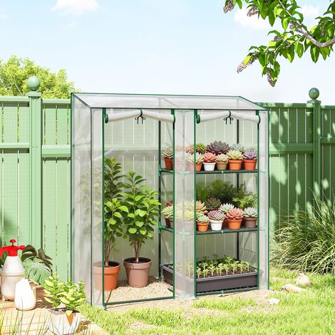 Gartengewächshaus mit 3 Regalböden, kleines Gewächshaus aus PVC-Plane und Stahlrahmen, 2 Rolltüren, transparent