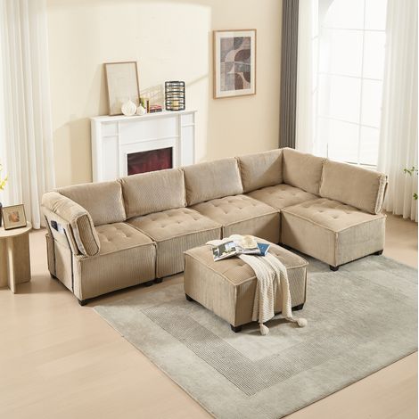 Divano modulabile 6 posti 308x154x82 cm in tessuto a coste kaki FloraGrace (1/5)