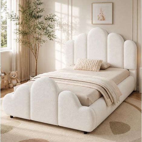 Cama infantil 90x200 cm con somier de láminas, estructura estable y bordes redondeados, tapizada en bouclé - beige (1/5)