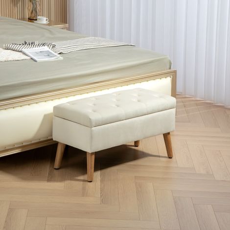 Banc de rangement coffre de rangement tissu effet velours pieds en bois charge max. 120 kg 80 x 35 x 42 cm, crème (1/5)