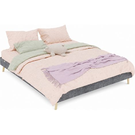 Cadre de lit 160x200 cm gris en tissu, structure métal, sommier à lattes robuste, style minimaliste pour chambre moderne, facile à monter  CHICFURN (1/5)