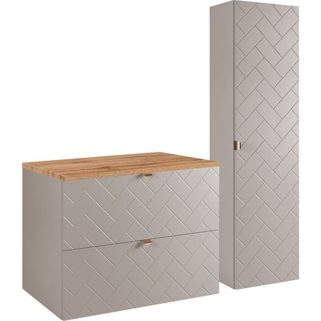 Furnidea - Ensemble un meuble sous vasque 80 cm avec le plan CHÊNE et une colonne 35/136 cm à suspendre MADIS CACHEMIRE - façades motif chevron (1/5)