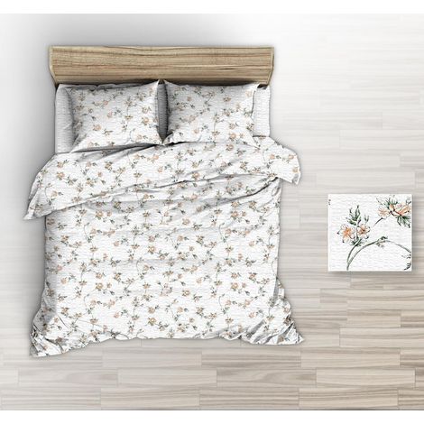 Bettwäsche-Set 160x200 weiß mit aprikosenfarbenen Blumensträußen (1/2)