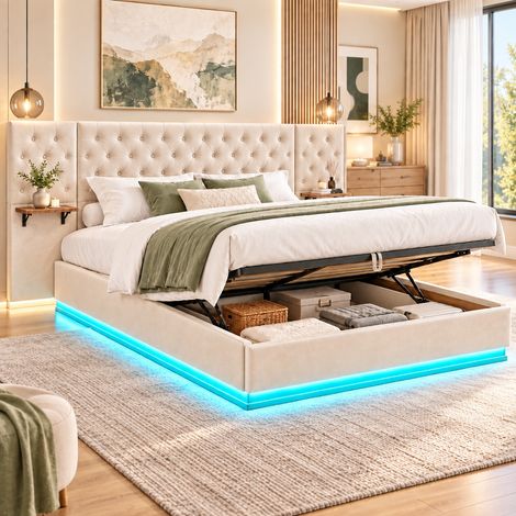 Lit coffre adulte 160x200 cm beige avec sommier à lattes, avec grande tête de lit capitonnée, rangement hydraulique