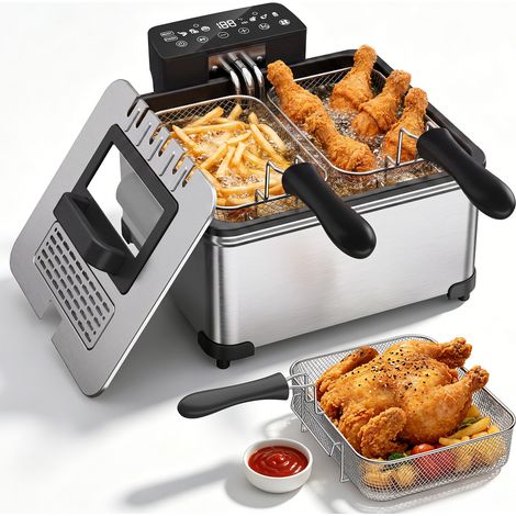 Friteuse Électrique 10.5L (5,3L+2.6L+2.6L) 3-en-1 3500W Inox, Écran Tactile, Fenêtre de Visualisation, Panier Amovible
