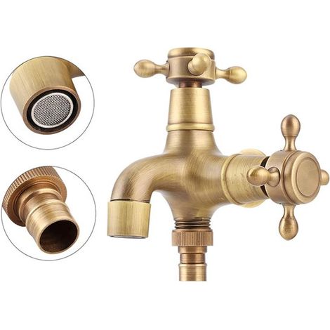 Robinet de jardin pour machine à laver, cuivre doré, 12,8 x 11,2 x 9 cm, double sortie, montage mural, 1/2 pouce, style Vintage , pour cuisine, salle de bain, outdoor et jardin. (1/5)