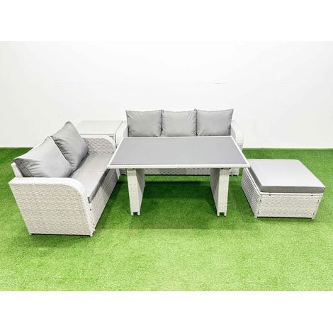 Fimous Garden Furniture Set PE Ratten Garden Sofa Set with Rectangular Dining Table Big Stool Side Table Light Grey (1/4)