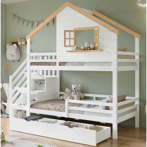 lit superposé enfant rangement 90x200 bois blanc OKMYHOME (1/5)