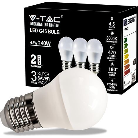 V-TAC Lampadina LED con Attacco E27 4,5W (Equivalenti a 40W) - G45-470 Lumen - Lampadina LED Massima Efficienza e Risparmio Energetico - Luce 3000K Bianca Calda (Box 3 Pezzi) (1/5)