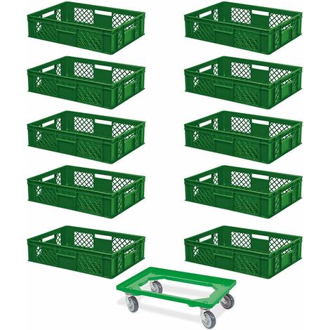 BRB Lot de 10 bacs euro, L x l x H 600 x 400 x 150 mm, qualité industrielle, qualité alimentaire + 1 chariot de transport avec planche en plastique ABS incassable (vert/vert) (1/2)