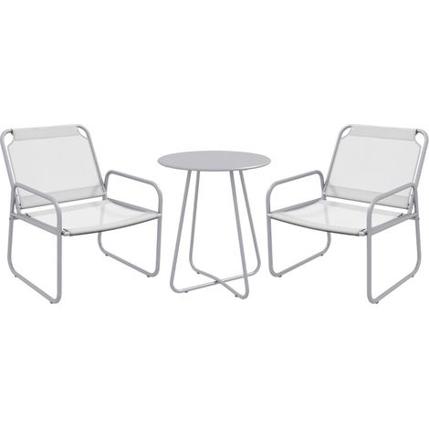 Ensemble de jardin trois pièces : deux chaises avec revêtement respirant et une table ronde de 60 cm de diamètre, couleur gris clair (1/5)