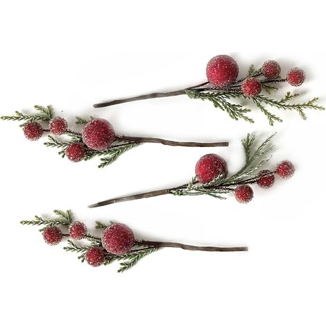 Bayas de fruta de rama rojas escarchadas, 4 unidades.