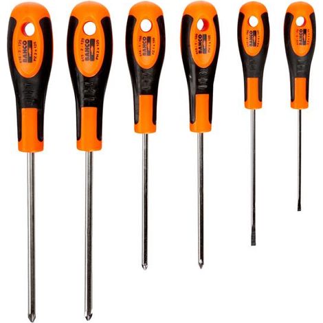 Bahco 6-Piece Screwdriver Set with Rubber Grip for Slotted, Phillips, and Pozidriv Screws (3-4 mm, PH1-PH2, PZ1-PZ2) (1/2)