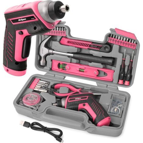 Tournevis Electrique 4V Rose - Perceuse Visseuse Sans Fil Multifonction avec Kit Complet d'Outils et Accessoires - Mallette de Rangement avec Marteau. Pince. Foret. Tournevis et Embouts (1/5)