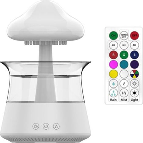 Humidificateur diffuseur à effet nuage de pluie avec télécommande, lampe cascade goutte d'eau, sons de champignons, humidificateurs d'air à bruit blanc (1/4)