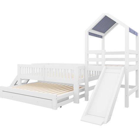 Cama cabaña infantil blanca 90 x 200 con cama nido 90 x 190, tobogán, escalera y cajones (1/5)