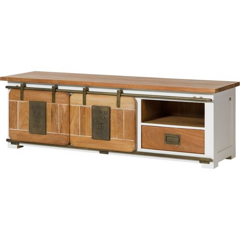Meuble TV Manguier blanc laqué 160x45x50 (BxTxH) monté RAILWAY 501 (1/4)