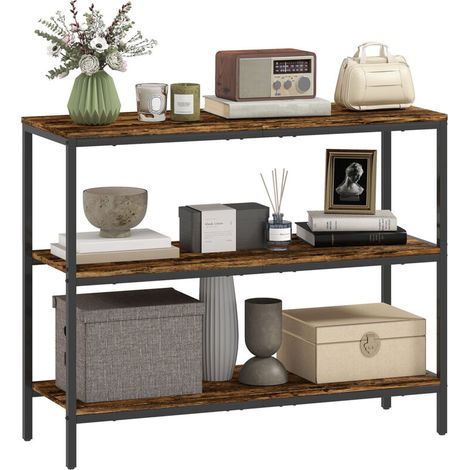 Console, table d'appoint avec étagère à 3 niveaux, panneaux de particules, métal, marron clair (1/5)